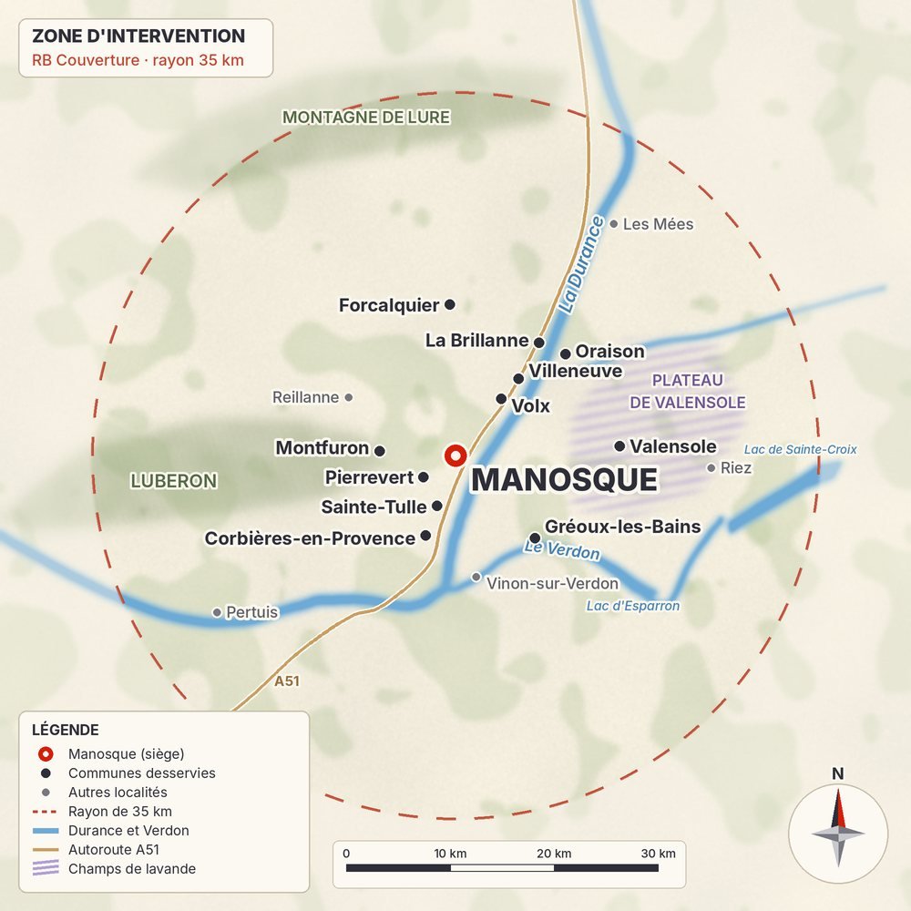 Carte de la zone d'intervention de RB Couverture : Manosque et les communes dans un rayon de 35 km